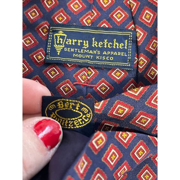Vintage Bert Pulitzer Blue and Red Diamond Patterned Pure Silk Necktie - Picture 3 of 7